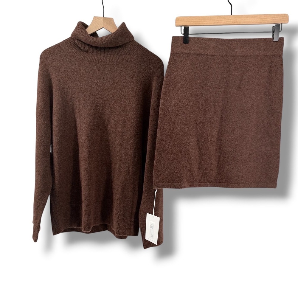 The Noli Shop Knit Skirt Set Women M/L Brown Wool Turtleneck Sweater Mini Skirt